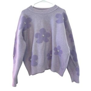 Nanette Lepore Lavender Floral Sweater w/ Pearl Beading Detail Size Large